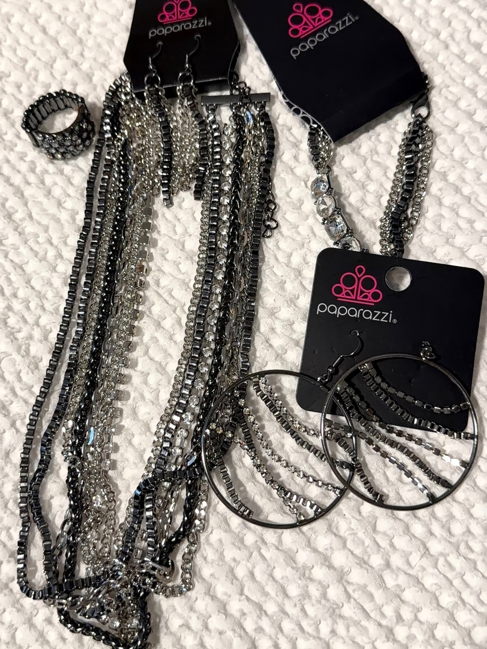 paparazzi Silver and Black Layered Chain Necklace with Hoop Dangle Earrings